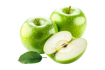 Wall Mural - Fresh green apples, one sliced in half, with a green leaf isolated on white transparent background, showcasing healthy fruits