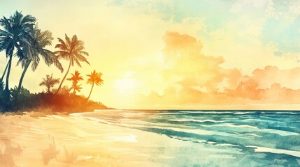 Poster - Beautiful watercolor illustration of a tranquil beach at sunset with palm trees and gentle waves. Generative AI