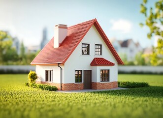 Modern family house with a red roof, white walls, and brown bricks in a village near the city