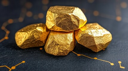 Gold nuggets, finance, network, dark background, investment