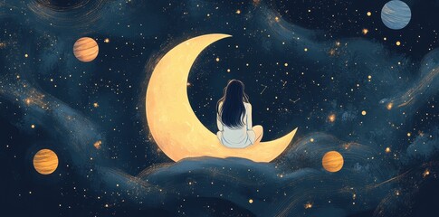 Wall Mural - woman sitting on crescent moon gazing at stars and planets