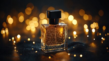 Wall Mural - Golden perfume bottle, bokeh lights, dark background, luxury advert