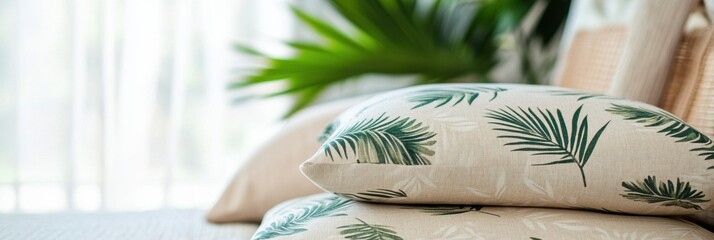 Poster - Tropical patterned cushions on a light summer fabric sofa in a sunny indoor setting with greenery. Generative AI