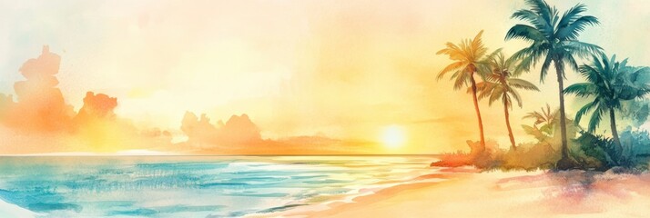 Poster - Beautiful watercolor illustration of a tranquil beach at sunset with palm trees and gentle waves. Generative AI