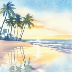 Aufkleber - Sunset over tranquil beach with palm trees reflecting on gentle waves in watercolor illustration. Generative AI