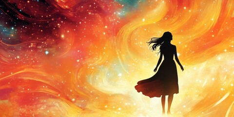 Poster - Woman Silhouette Amidst Cosmic Orange Nebula