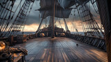 A deserted pirate ship deck with wooden planks, sails, and rigging, set against a moody sky backdrop for a theater stage scene.