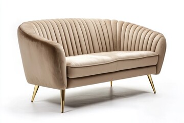 A vintage mid-century sofa with a textured fabric and golden legs, perfect for relaxation in a cozy living space.