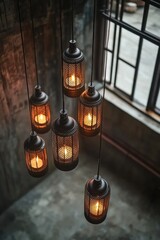 Wall Mural - A collection of black-framed, cylindrical lanterns hanging from the ceiling with chains, providing a contemporary and warm lighting effect.