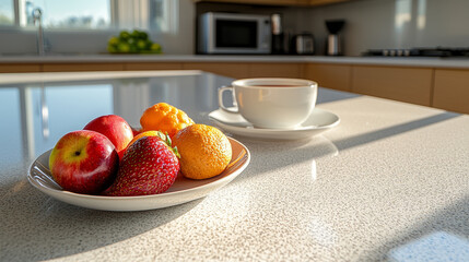 Canvas Print - Fruit bowl and a cup of tea sitting on a kitchen counter bathed in morning light.