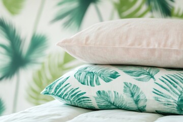 Wall Mural - Decorative pillows with tropical patterns on a bed in a bright room during summer. Generative AI