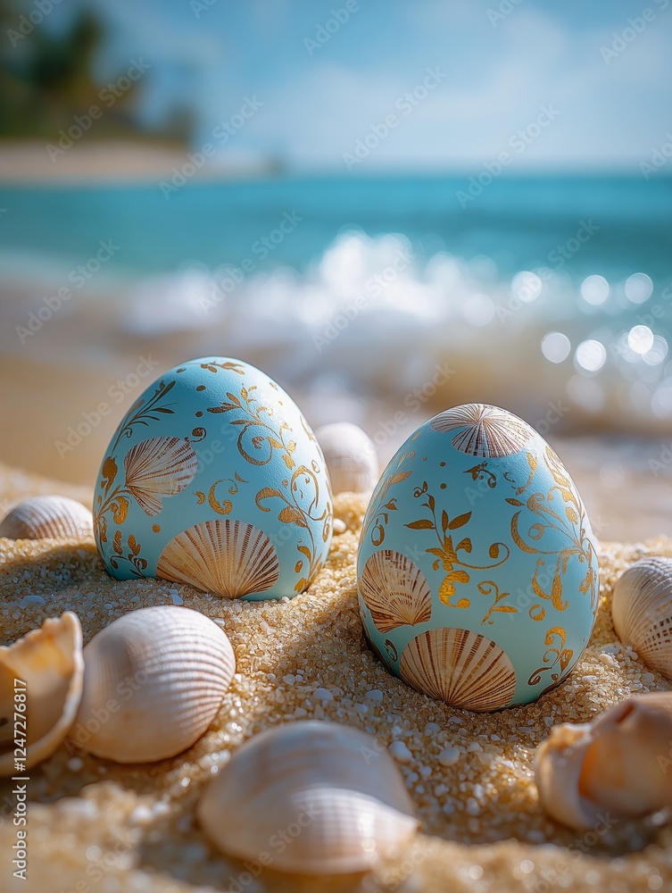 Easter Seashells Family Easter on the beach. Easter eggs in vibrant colors placed on a ...