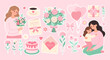 © MariiaMart - A collection of Mother's day stickers featuring a woman and child, with a variety of flowers, balloons, and other decorations.