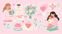 A collection of Mother's day stickers featuring a woman and child, with a variety of flowers, balloons, and other decorations.