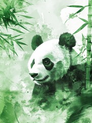 Fototapete - Panda resting among lush green bamboo in a watercolor illustration. Generative AI