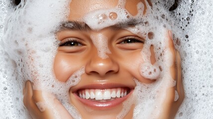 radiant woman enjoying skincare routine, white foam bubbles enveloping face, massaging skin with gen