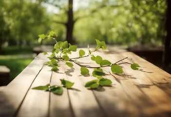 Wall Mural - sunny tree wooden springtime branch day green table leaves leaf desk blur wood soft display empty wallpaper scenic vibrant bokeh board concept top view sunlight space shiny abstract light foliage