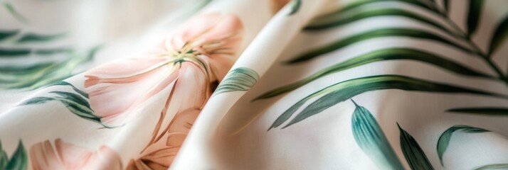 Aufkleber - Summer fabrics with tropical patterns feature lush greenery and floral designs for vibrant seasonal styles. Generative AI