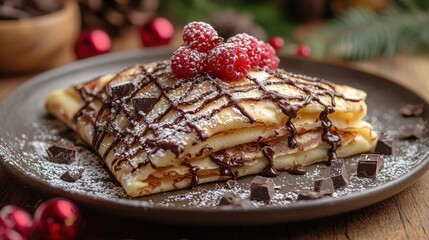 Wall Mural - A delicious stack of crepes topped with raspberries and chocolate drizzle.