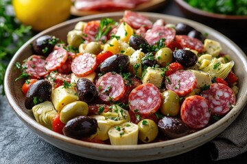 Wall Mural - Sliced sausage with artichokes and olives composing a delicious mediterranean salad