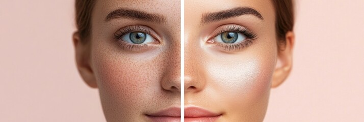 Fototapete - Comparison of natural beauty and full makeup on a womans face showcasing different styles and versatility in appearance. Generative AI