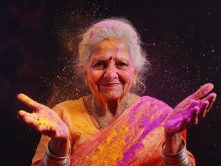 An elderly Indian woman spreading vivid, colorful powder during the Holi festival, a joyous and religious celebration in Hinduism.