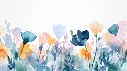 Leinwandbilder - Vibrant watercolor illustration of blooming wildflowers in soft pastel shades with greenery at sunrise. Generative AI
