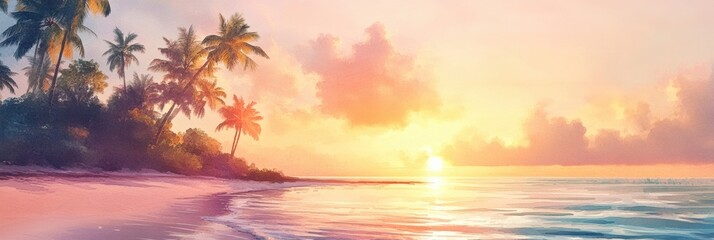 Poster - Breathtaking sunset over tranquil beach with palm trees and gentle waves at dusk. Generative AI