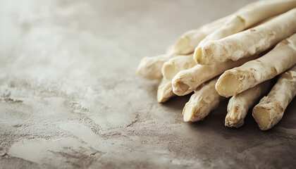 Wall Mural - Pile of fresh white asparagus on grey table, closeup