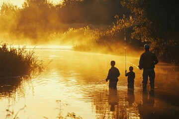 Wall Mural - Peaceful morning river scene with warm golden light and reflections on the water.