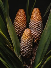 Close-up of two pine cones nestled in leaves.