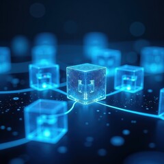 Wall Mural - modern blockchain technology visualized with glowing cubes connected by luminous lines representing 