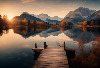 Wall Mural - sunset fantastic hintersee autumn lake alpine german background bavaria bright cloud coniferous dreamlike fir gorgeous green hill incredible landscape sunrise majestic mountain nature peak picture