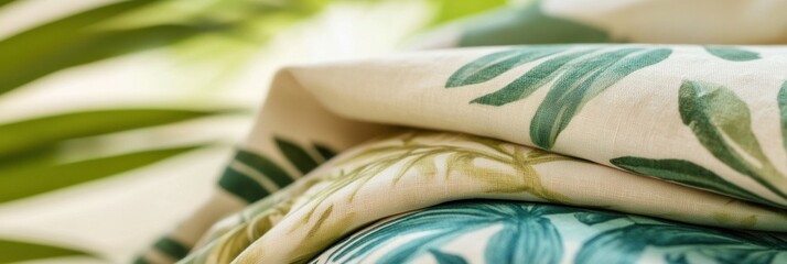 Aufkleber - Summer fabrics with tropical patterns for refreshing home decor and stylish attire. Generative AI
