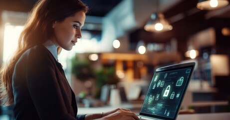 Woman reviewing cybersecurity data on her laptop, ensuring digital safety and protection.