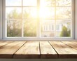 © noman - Empty wooden table top in a kitchen interior background with a blurred counter and window view, for product display montage, product placement mock-up, high-definition, photo-realistic