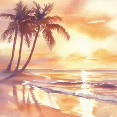 Aufkleber - Beautiful watercolor illustration of sunset on a beach with palm trees reflecting in calm waters. Generative AI