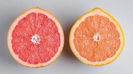 Wall Mural - Two halved grapefruits, red and pink, on white background; healthy food