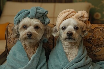 Two Afghan dogs relax in a spa salon, wrapped in towels and ready for grooming, showcasing their calm demeanor and stylish accessories