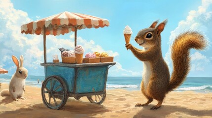 A squirrel selling ice cream from a beach cart, handing a cone to a happy customer (maybe a rabbit).