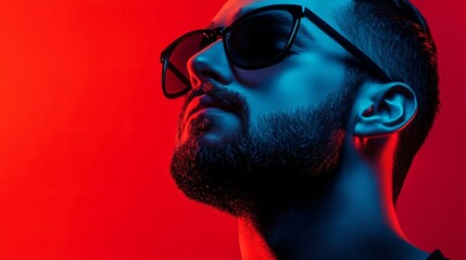 Man with a beard and sunglasses is looking at the camera. The image has a bold and vibrant color scheme, with the red background and the man's outfit. The man's sunglasses and beard give him a cool