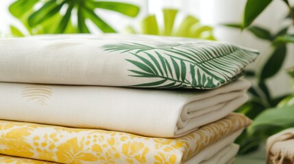 Poster - Bright and airy summer textiles with tropical patterns stacked in a sunny indoor space. Generative AI