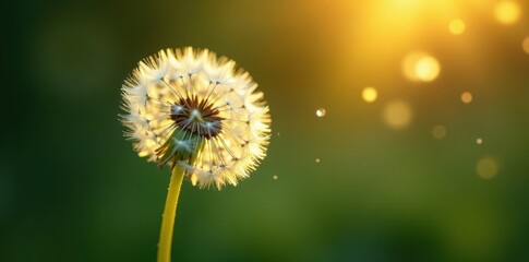 Wall Mural - Single dandelion releasing seeds, sunlight illuminating delicate structure, seed, dandelion, life