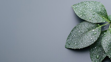 Wall Mural - Dewy green leaves on gray background, nature backdrop, website banner