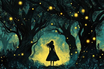 Poster - A Silhouetted Woman Stands in a Firefly Lit Forest