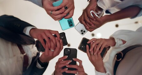 Poster - Collaboration, group and hands with smartphone, office and checking for competition on social media. Low angle, employees and people with mobile for project, content creator and teamwork for business