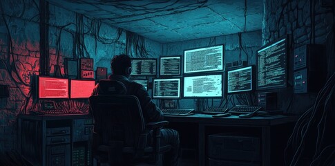 Hacker sits in a dark room surrounded by monitors