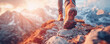 © LeManna - Panoramic close-up view of the person in hiking boots stepping onto a rocky trail. Concept of tourism and wanderlust.