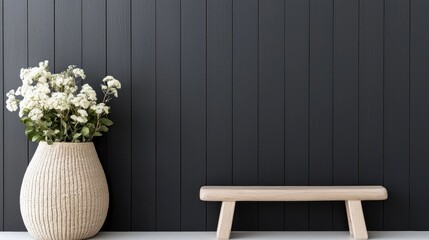 Wall Mural - Minimalist interior bench, flowers, dark wall