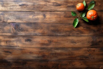 Aufkleber - A single mandarin orange rests on a weathered wooden surface, showcasing its vibrant color and fresh leaves, perfect for highlighting juicy flavors